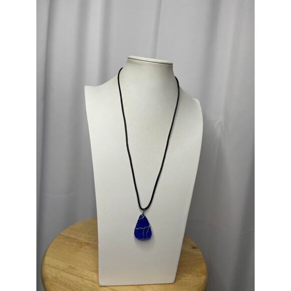 bright blue pendant necklace on black cord wire wrapped natural bohemian boho - Picture 7 of 10